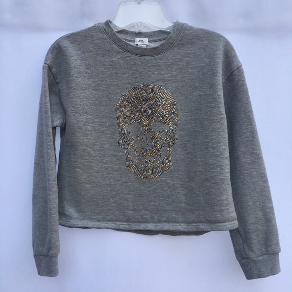 River Island Girls Sweatshirt Grey 9/10 yrs Bedazzled Embellished Skull Crop Top - Picture 14 of 14